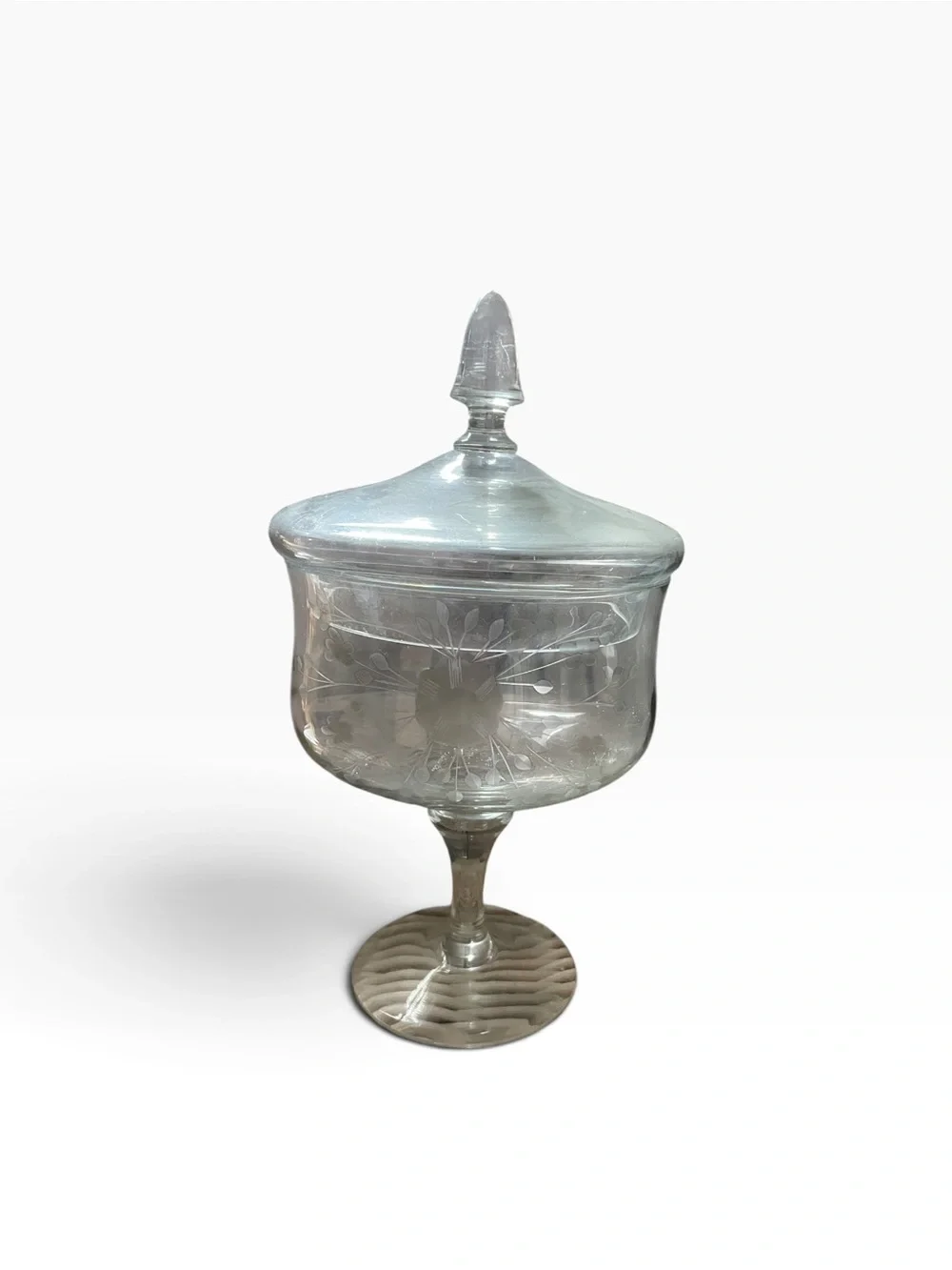 Vintage Etched Clear Glass Pedestal Lidded Candy Dish